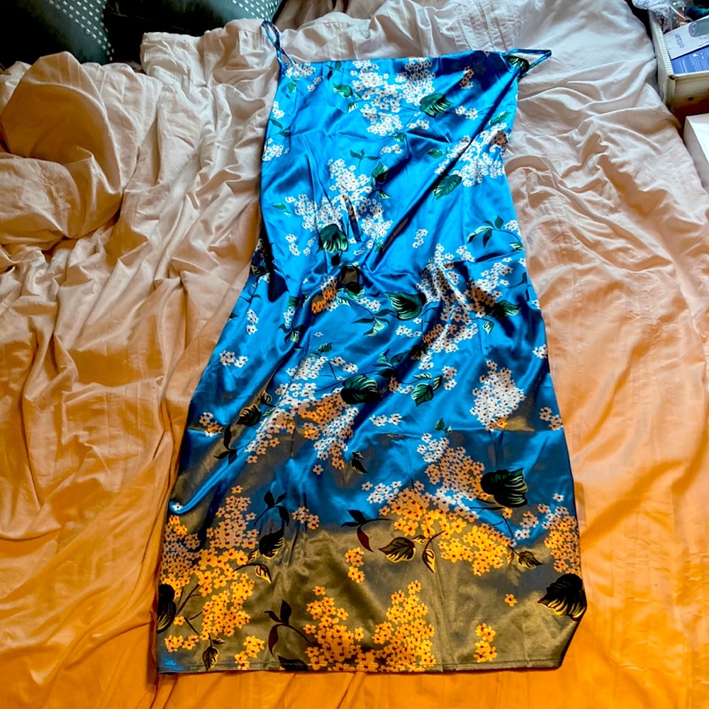 Floral satin dress, powder blue with white flowers